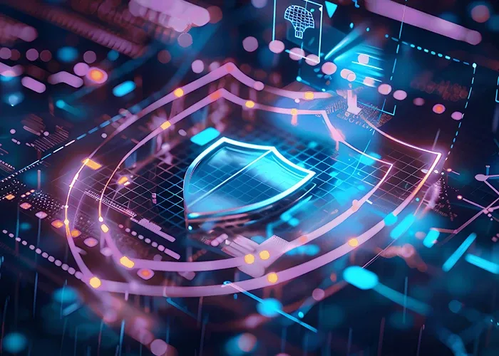 An abstract image of illuminated security sign on a IC board