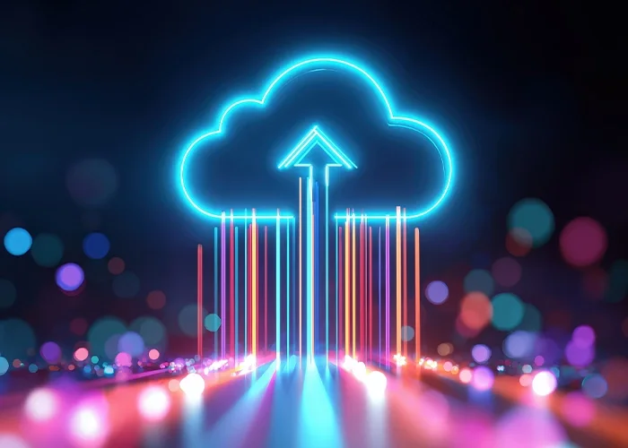 Abstract image of colorful lights heading towards a neon cloud