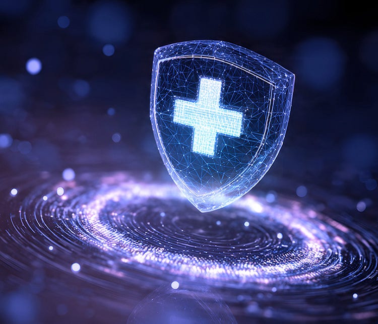 An abstract image of a glowing security shield digital logo hovering a board with circular digital streak of lights