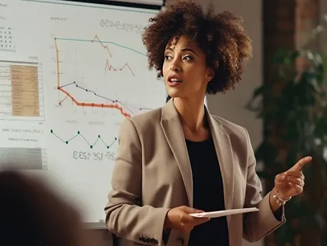 A female giving presentation in front of a digital screen with graphs