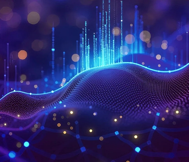 Abstract image of colorful lights in the form of hill like bumps and rays of light shooting up