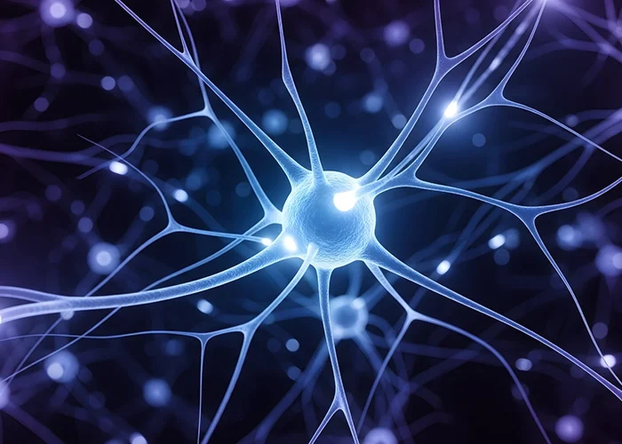 An abstract image of a round glowing structure connected with neuron like structures