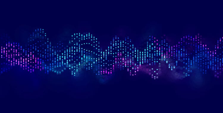 Abstract digital waveform with glowing blue, cyan, and purple dots flowing across a dark background