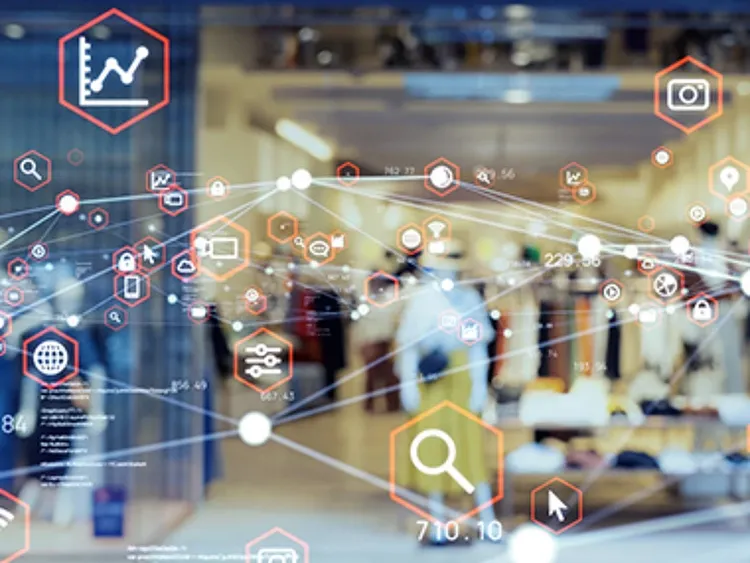 Retail analytics dashboard with connected data icons and insights visualization.