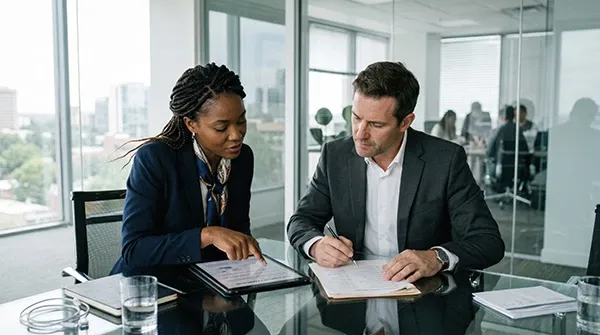 Diverse business professionals reviewing digital documents on a tablet in a modern office, legal team collaboration with copy space on a glass meeting table