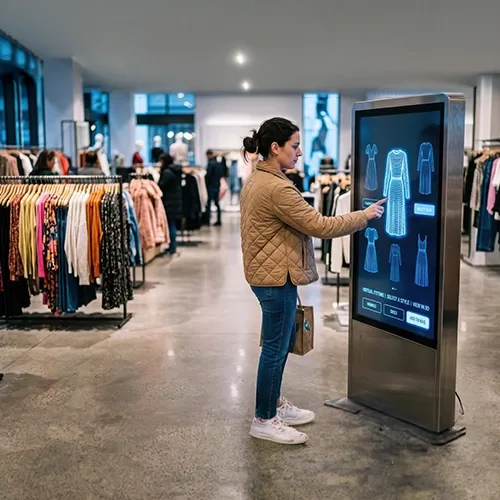 Shopper using an interactive digital kiosk for virtual outfit selection in a clothing store.