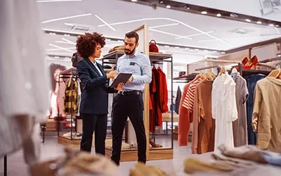 Two store employees having a discussion while looking at a clipboard.