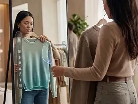 A woman stands in front of a mirror, gazing at her reflection with a thoughtful expression.