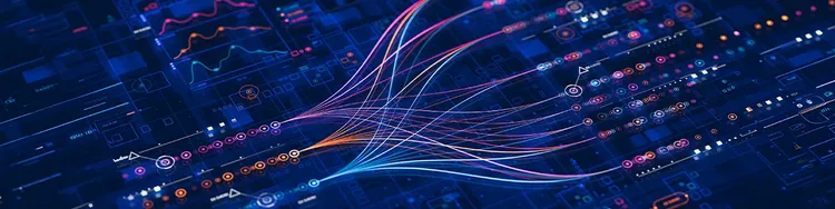 Abstract digital network illustration with colorful connected lines converging across a dark blue tech dashboard background.