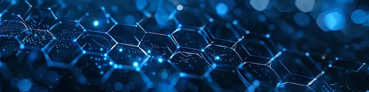 Abstract blue background featuring a pattern of interconnected hexagonal shapes.