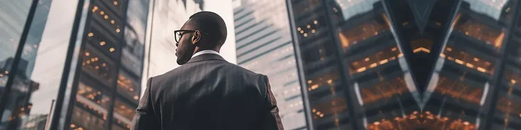 A man standing infront of buildings and looking left side of him