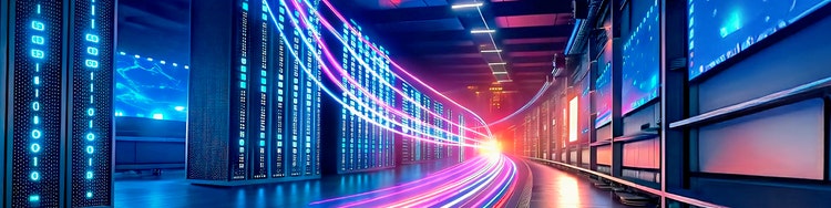 High-speed data streams in futuristic server room with glowing lights