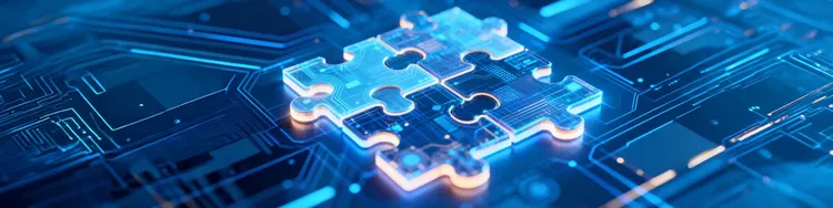 Glowing digital puzzle pieces over circuit board symbolize AI modernization