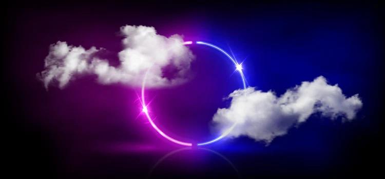 A circle with shiny blue and violet color sightly covered with clouds.