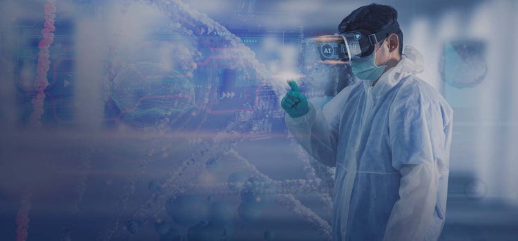 A man wearing lab suit, mask and VR and touching something with his finger.