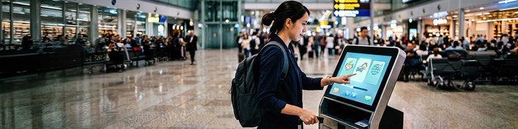 A person stands in an airport terminal, using a laptop while waiting for their flight.