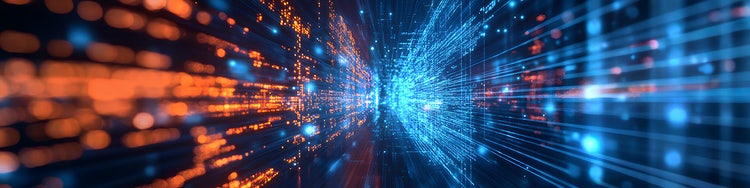 Abstract blue and orange digital data streams converging centrally
