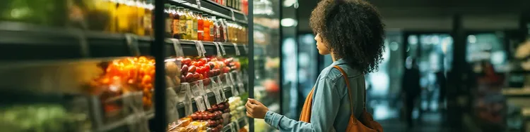 A woman examines a refrigerator stocked with an array of colorful fruits and vegetables.