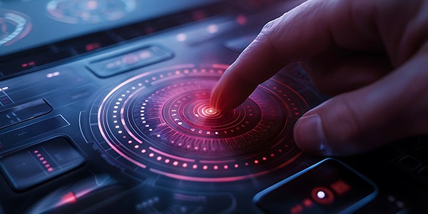 A hand pressing a button on a modern digital interface.