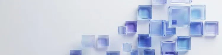 Abstract blue translucent cubes floating on white minimalist background