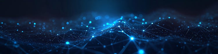 Glowing blue digital network forms abstract waves with connected points
