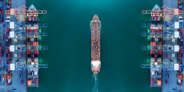 Aerial top view cargo container in warehouse harbor.