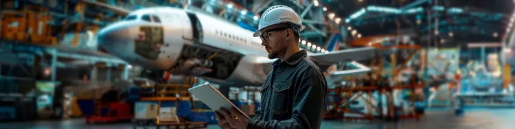 Airport worker standing next to an airplane