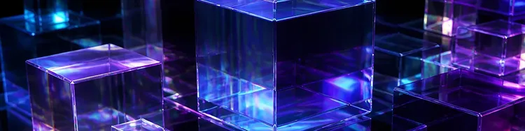 Iridescent glass cubes glowing with blue-purple light reflections.