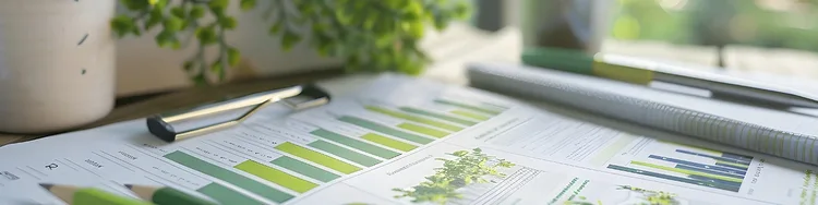 A desk showcasing a sheet of paper printed with greenish chart bar