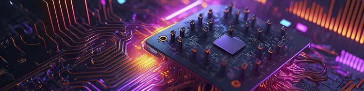 A detailed view of a computer motherboard featuring a striking purple glow, highlighting its complex electronic design.