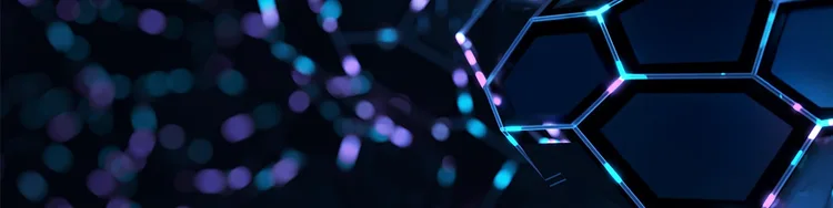 A vibrant abstract design with blue and purple colors illuminated by soft lights, creating a visually striking effect.
