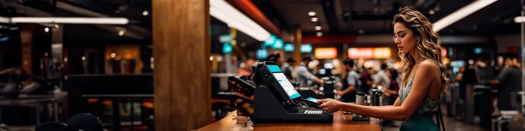A woman interacting with a payment screen