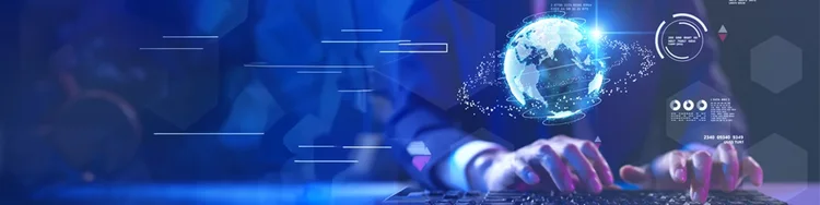 A man types on a keyboard, and on the virtual screen, there's Earth with dots.