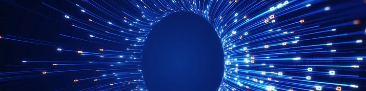 Abstract glowing blue data streams radiating around a dark central sphere