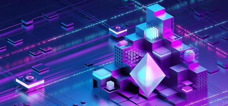 A blue and violet shaded color of cubes, cuboid's, sphere and rhombus are placed on a blue colored platform.