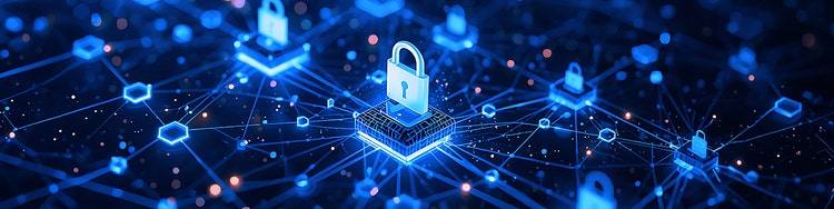 Digital network with glowing locks representing cybersecurity connections across nodes