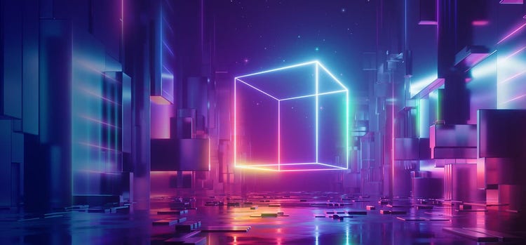 An image of a floating see-through cube with the edges lit-up