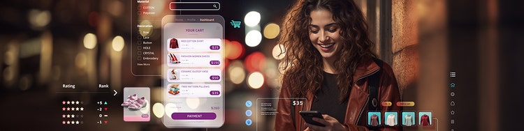 Woman using augmented reality for online shopping at night.