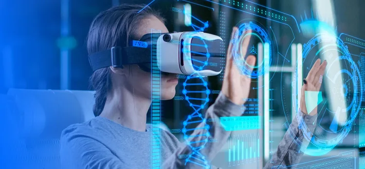 A woman wearing VR headset and touching the visuals with her hands.
