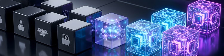 Dark cubes with icons transitioning into glowing blue and purple cubes with circuit patterns.