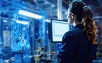 A woman looking into a digital screen