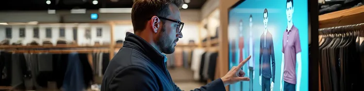 A customer interacting with a smart digital screen in a retail store