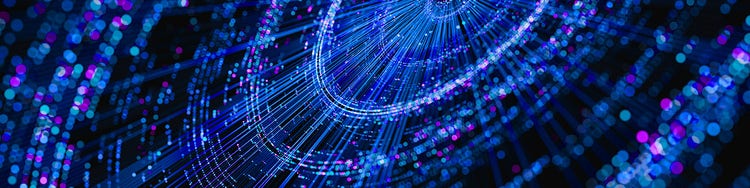 Abstract glowing blue data streams radiating around a dark central sphere