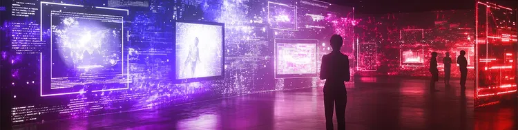 A person looking at a digital display wall