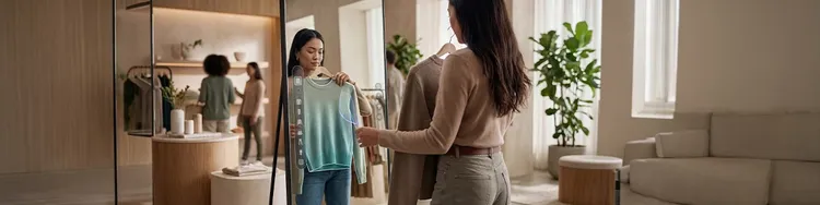 A woman stands in front of a mirror, gazing at her reflection with a thoughtful expression.