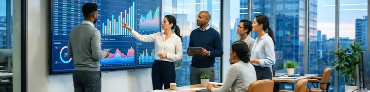 Team presenting AI data analytics on screen in boardroom