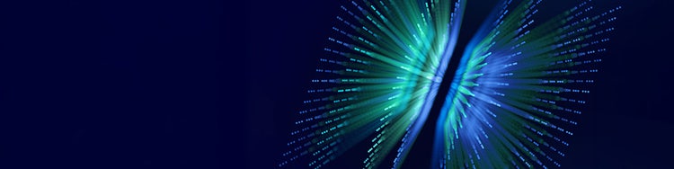 Abstract blue and green light burst resembling data streams or digital connectivity on a dark blue background.