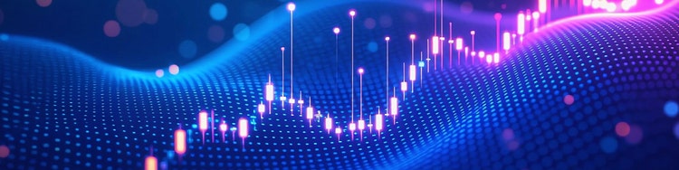 Abstract background featuring a stock chart with fluctuating lines and bars, symbolizing market trends and data analysis.