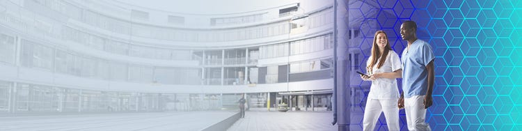 Healthcare professionals walking through a modern hospital with a digital AI-inspired overlay, representing healthcare innovation and digital transformation.
