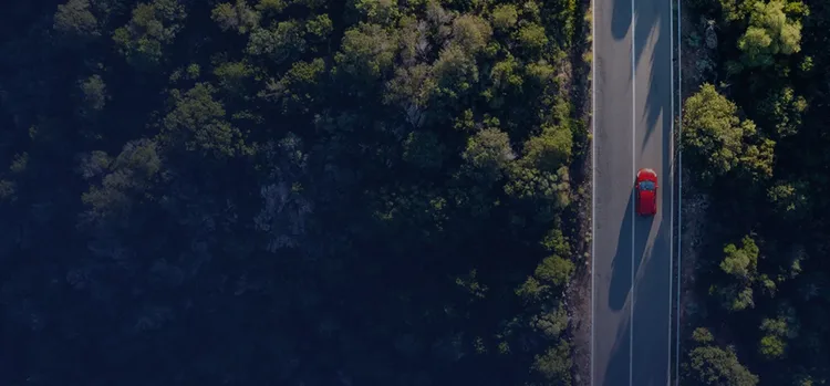 A bird's eye view of an electric car going through a road between a forest